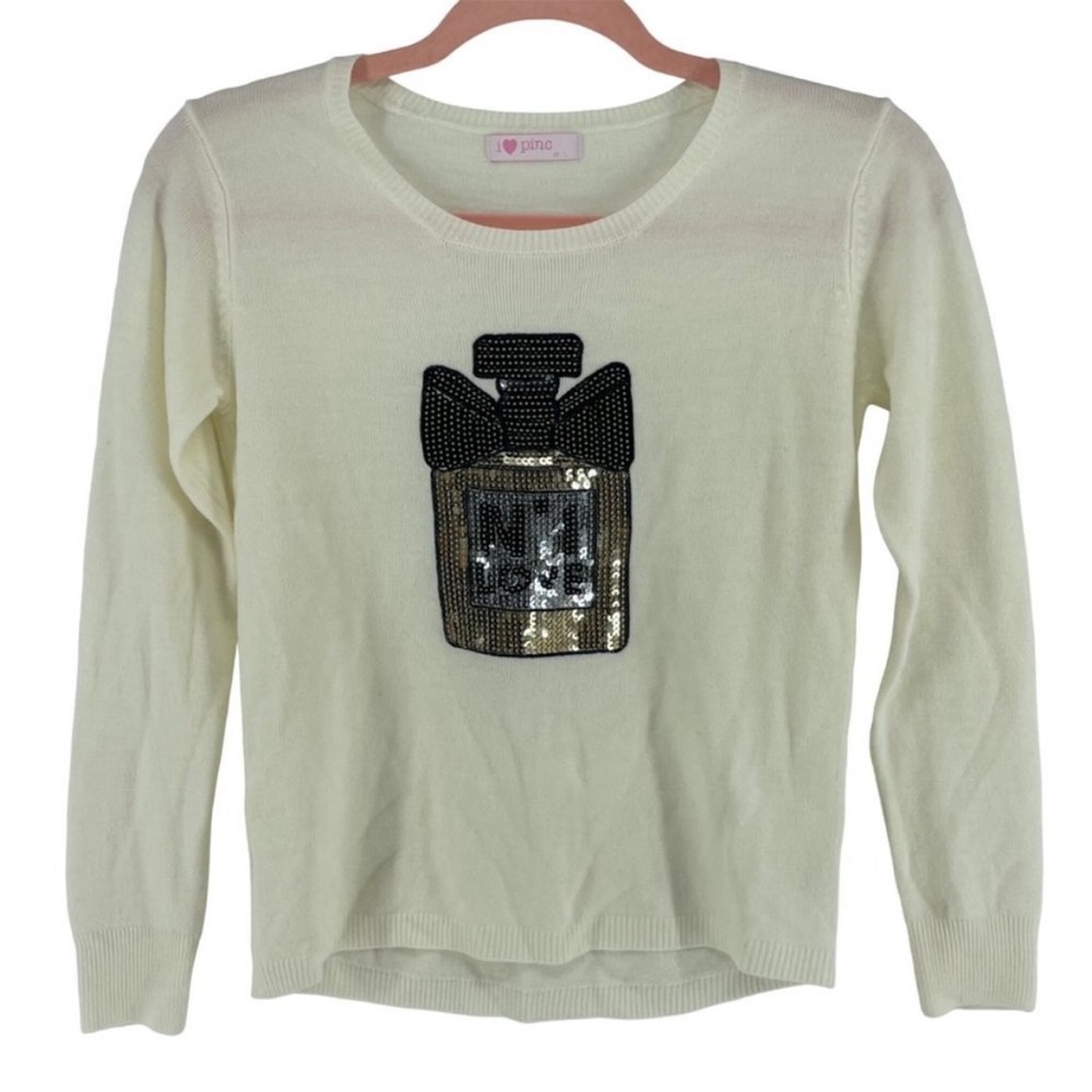 I Love Pinc Girl's Size L Cream Crew Neck Sweater W/ Sequins   Very Chic
